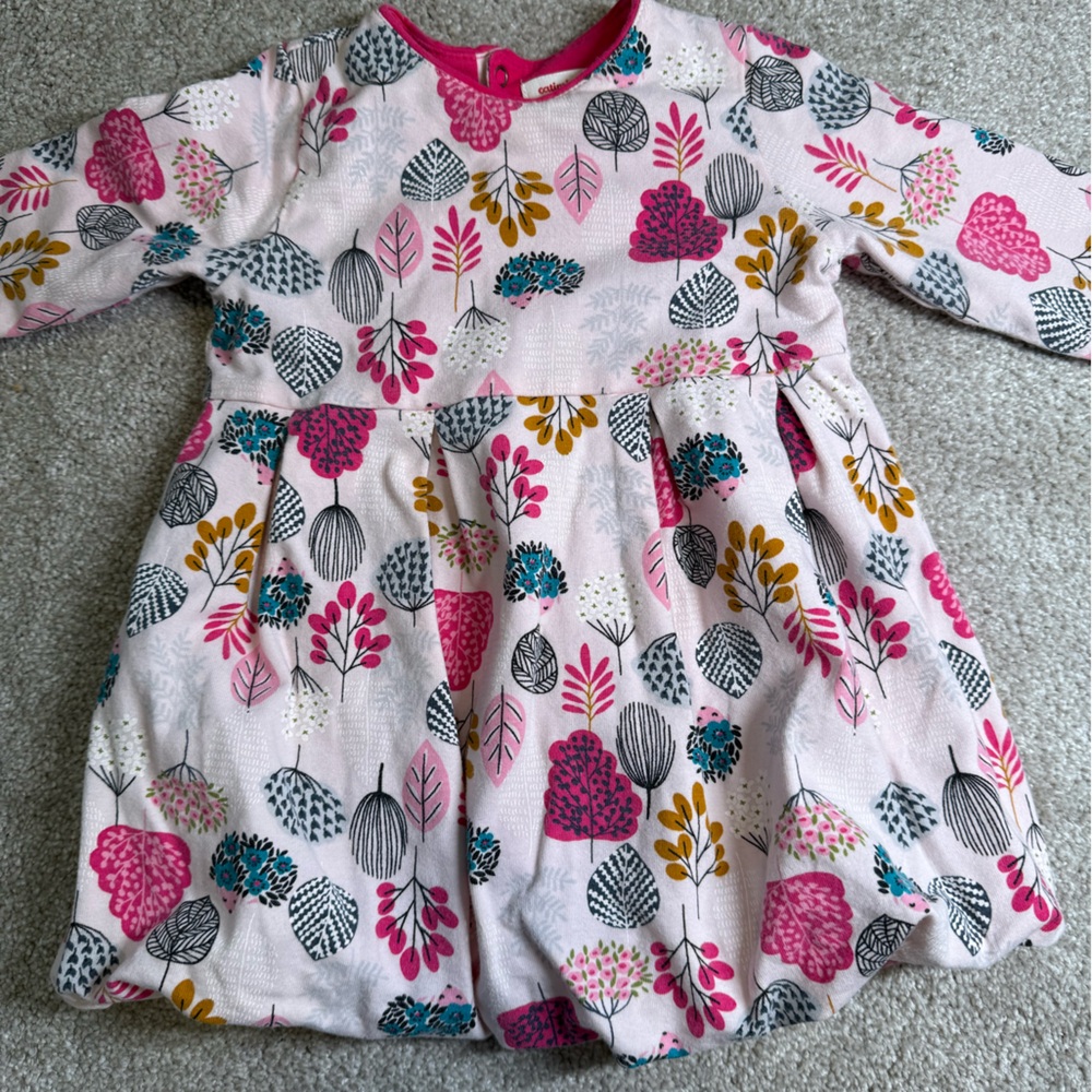 Catimini 6M Bubble Dress Floral Hedgehogs Pink Teal Mustard | Snap Back | GUC